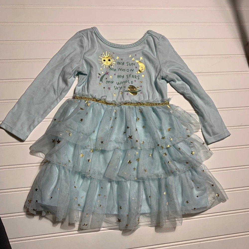 Cat & Jack Girls 2T Light Blue Long Sleeve Tulle Star Dress My Sun Moon Sky